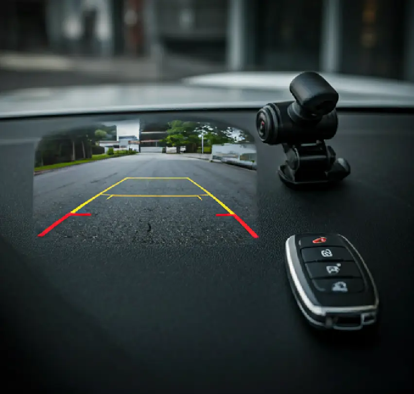 A car dashboard with the camera on it