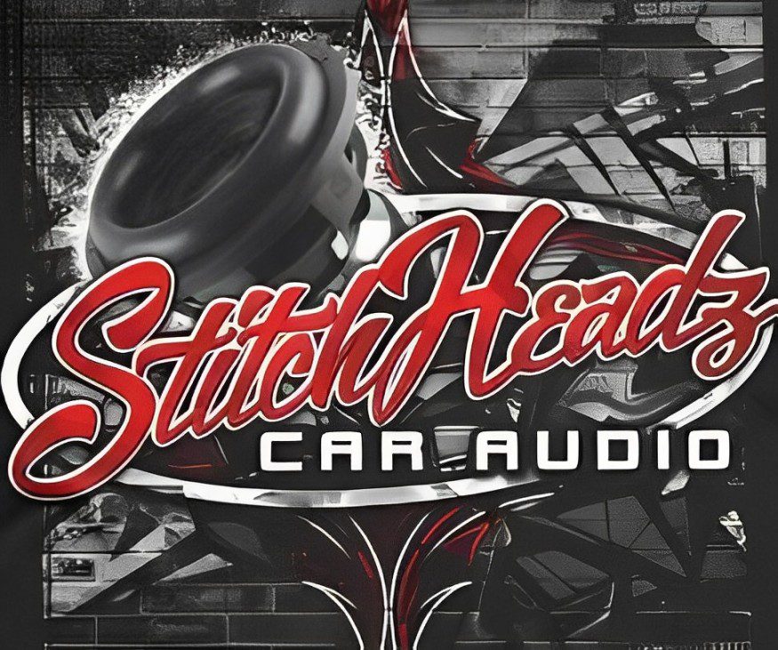 A close up of the logo for stitch heads car audio